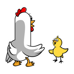 Hand drawn Rooster cartoon character teaching his kid about how to crowing, best for sticker or decoration with parenting themes