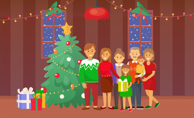 Christmas family standing by pine tree winter holiday celebration vector. Mother father, grandmother and grandfather with children and grandchildren