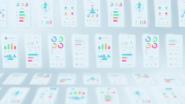 Creative design of yoga application. Neumorphism. Hi tech panel. Fitness and exercise concept. UI, UX, GUI mobile screens modern infographic. Loop animation.