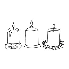 christmas candle decorated wreath of berries and leaves, ribbon icon, sticker. sketch hand drawn doodle. vector scandinavian monochrome minimalism. festive. cozy home hygge