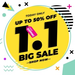 1.1 Shopping Day Sale Banner Promotion With Memphis Style design Isolated on white Background. New Year Sale discount, Online Shop. Vector Illustration