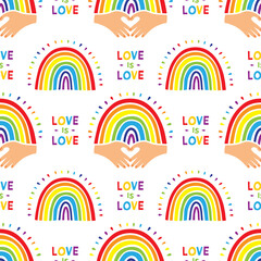 Rainbow pattern, Cute hand drawn rainbow. Seamless pattern with colorful rainbows and lettering Love is Love. Vector flat illustration