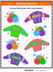 Color matching and knitting visual puzzle for kids: Can you find the yarn set for each sweater? Answer included.
