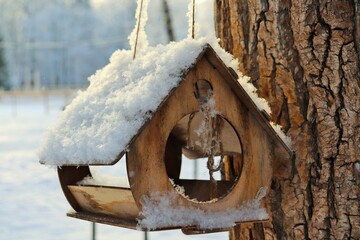 Bird feeder in winter forest covered with fluffy white snow