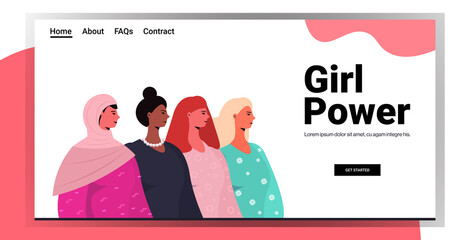 mix race girls standing together female empowerment movement women power concept portrait horizontal copy space vector illustration