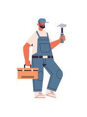 professional repairman in uniform holding hammer and toolbox home maintenance repair service concept full length vertical isolated vector illustration