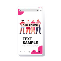 mix race girls activists holding poster female empowerment movement women power concept smartphone screen copy space vector illustration