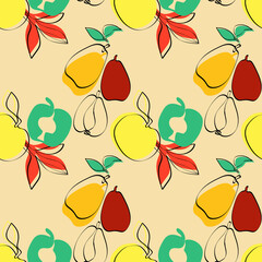 Vector seamless illustration of fruits.Motives of apples and pears.