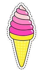 Ice cream in bright cartoon style. Icecream vector in nice colors isolated on white background. Yellow vaffle cone element with dashed line contour. Cold sweet dessert, frozen sweetness pink gradient