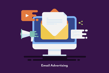 Email marketing and advertising to internet users. Email with document, video and promotional newsletter, digital marketing campaign concept. 