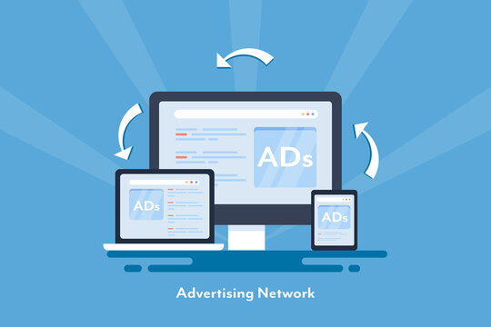 Digital advertising and networking, online ads showing on digital devices, cross channel marketing, responsive ads, customer targeting with behavior tracking advertising.