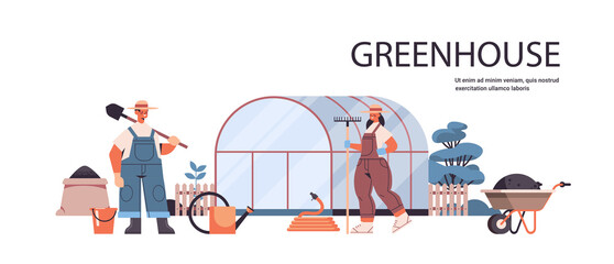 farmers in uniform working on greenhouse gardening organic eco farming agriculture concept horizontal full length copy space vector illustration