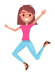 Happy girl joyfully jumping and laughing isolated on white background. Concept of happiness and fun. Young smiling woman emotion of joy, cheerful female character rejoicing bounced and waving hand