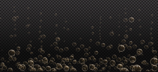 Naklejka premium Gold fizzy bubbles. Sparkles champagne. Fizzy pop and effervescent drink. Abstract fresh soda and air bubbles, oxygen, champagne crystal. Vector illustration on black transparent background.