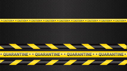 Quarantine danger tape. Covid 19 and quarantine zone yellow warning tape. Coronavirus covid danger stripe on dark transparent background. Safety warning yellow black stripes.
