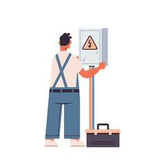 professional electrician or electric repairman in uniform repairing electrical box repair service electricity concept full length isolated vector illustration