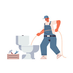 professional worker plumber in uniform using sewer snake cleaning blockage in toilet repair service concept full length isolated vector illustration