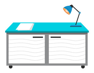 Doctors workplace at the table in the office. Blue desk and a lamp in medical cabinet isolated on white background. Furniture for a medical clinic with opening doors flat vector illustration