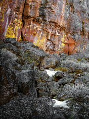Rock formations and snow in the Lava Beds National Monument caves of the northern Sierra Nevadas, California