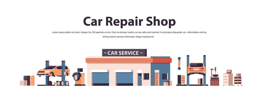 set car service elements collection automobile check up maintenance station repair shop concept isolated horizontal copy space vector illustration