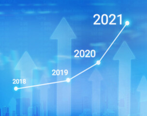 Business graph with arrow up 2021. Business success concept.