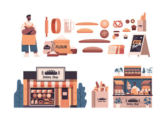 set different bakery pastry products male baker in uniform holding bread baking concept full length isolated horizontal vector illustration