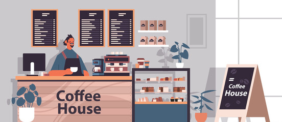 male barista in uniform working in modern coffee house waiter in apron standing at cafe counter horizontal portrait vector illustration