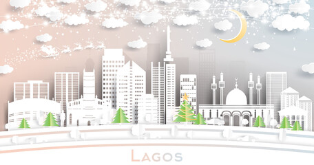 Lagos Nigeria City Skyline in Paper Cut Style with Snowflakes, Moon and Neon Garland.