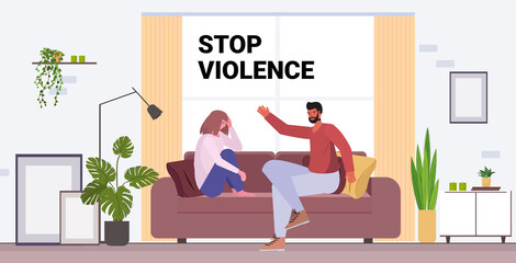 angry husband punching and hitting wife stop domestic violence and aggression against women copy space horizontal full length vector illustration