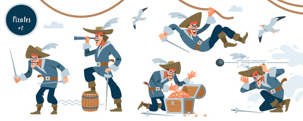 Pirate. Pirate character in different situations. Vector illustration.