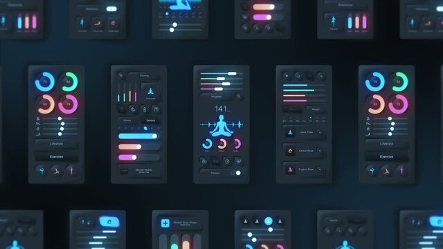 Hi tech panel of yoga application on dark background. Fitness and exercise concept. UI, UX, GUI mobile screens modern infographic. Loop animation.