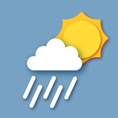 Sky with rainy clouds, sun and rain drops. Paper cut Weather.
