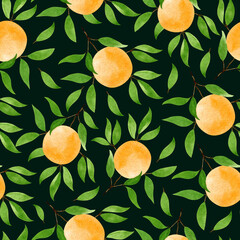 Botanical seamless pattern with branches of oranges and green leaves on dark background. Watercolor hand-drawn illustration. Perfect for textile, fabrics, bed linens, prints, clothing design, covers.