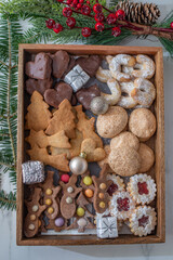 Traditional home made German Christmas Cookies on a festive table