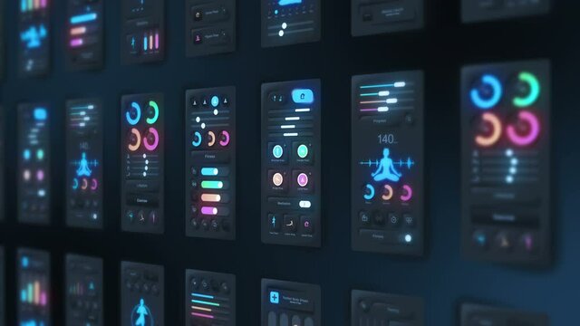 Hi tech panel of yoga application on dark background. Fitness and exercise concept. UI, UX, GUI mobile screens modern infographic. Loop animation.