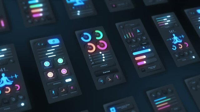 Hi tech panel of yoga application on dark background. Fitness and exercise concept. UI, UX, GUI mobile screens modern infographic. Loop animation.