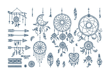 Obraz premium Boho dreamcatcher with feathers and arrows. Big set with dreamcatchers of different shape. Vector illustration in doodle style