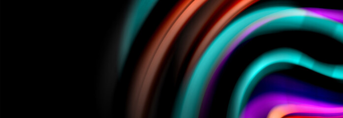 Dynamic motion abstract background. Color blurred stripes on black. Wave liquid lines poster. Vector illustration