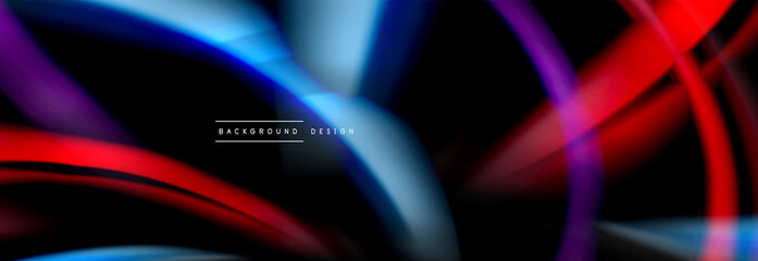 Dynamic motion abstract background. Color blurred stripes on black. Wave liquid lines poster. Vector illustration