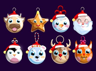Christmas bauble and decoration for holiday pine tree set. Hanging xmas star mascot, ball with cute animal muzzle and snowman, Santa Clause face vector illustration isolated on dark background
