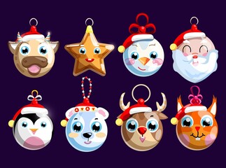 Naklejka premium Christmas bauble and decoration for holiday pine tree set. Hanging xmas star mascot, ball with cute animal muzzle and snowman, Santa Clause face vector illustration isolated on dark background