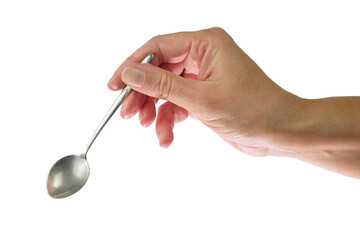 Female's hand holding steel spoon in the right hand, isolated on a white background