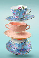 Decorated blue and pink empty porcelain teacups with saucers flying over light blue surface