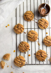 oatmeal cookies. Healthy and crunchy homemade dessert made of fresh grated carrot, raisins and rolled oats decorated with chocolate.  White background, orange biscuits. Top view, copy space.
