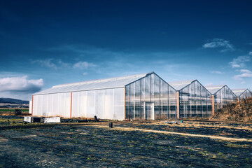 Fototapeta na wymiar Outside greenhouse with cloudy sky