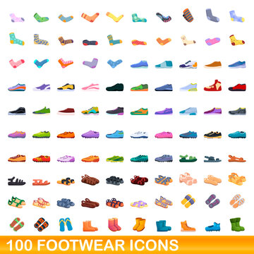 100 footwear icons set. Cartoon illustration of 100 footwear icons vector set isolated on white background