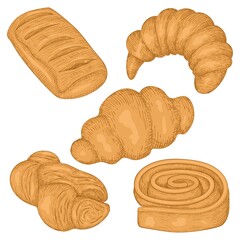 Bakery products. Baking food isolated illustration. Hand drawn buns doodle set. Collection of pencil chalk drawing sketches. Graphics, shading, line art.