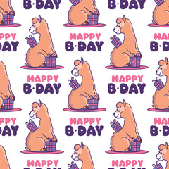 The sweet seamless pattern in a vector illustration. Cartoonish llamas with gift and a lettering phrase - Happy Birthday. This print, texture is a good for party designs, cloth, ads, t-shirts, etc
