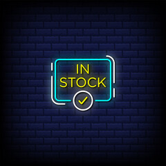 In stock neon sign style text with check mark