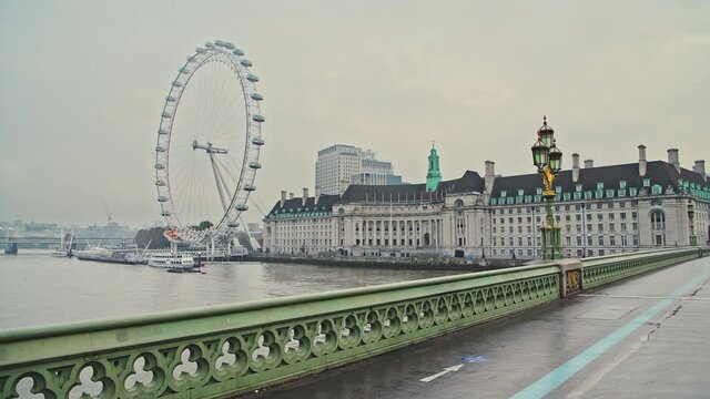 London In Coronavirus Covid-19 Lockdown With Quiet Empty And Deserted Roads And Streets With No Traffic Or Cars And No People At Rush Hour At Westminster Bridge And London Eye In England, UK